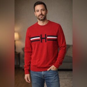 Tommy Hilfiger Red Crewneck with Black & White Stripe and Center Logo